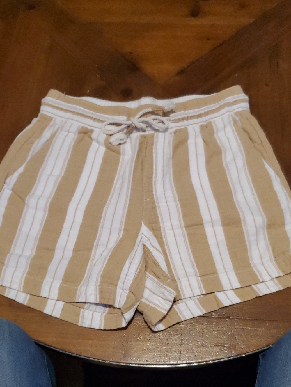 Old Navy Tan and White Striped High-Waist Drawstring Shorts